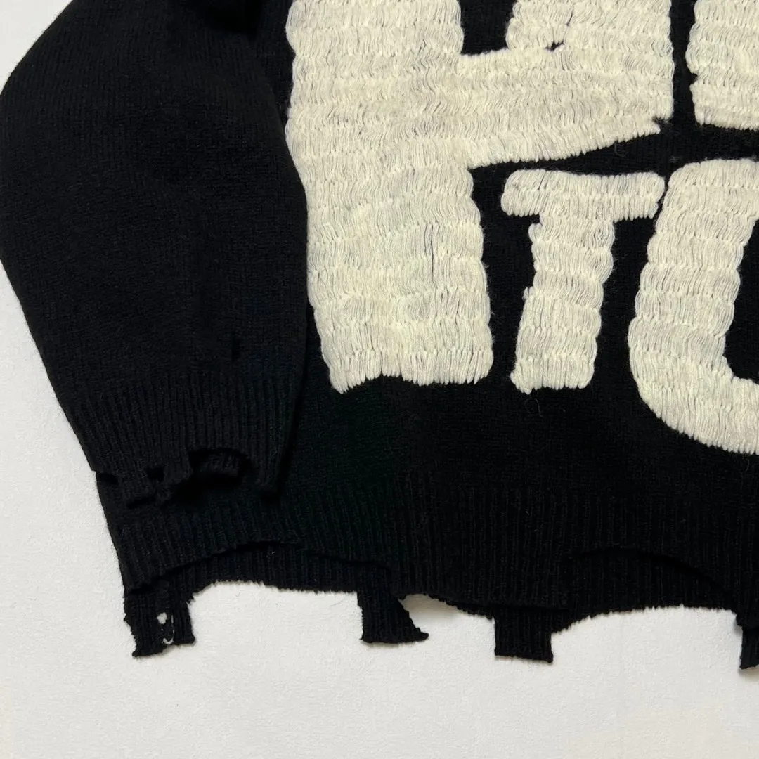 SAINT Mxxxxxx × Sex Pistols SP_CREW KNT/IAMA/BLK SEX PISTOLS band joint model destroyed hand-embroidered sweater, black S-XL, original 85% wool/15% polyester fiber blend, super complex front and rear panels, large-area hand-embroidery, hand-cut destruction treatment, custom-made correct joint main mark/wash mark